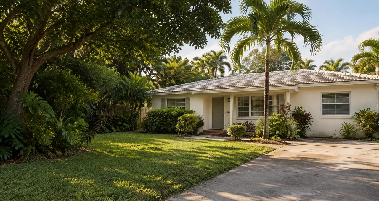 An as-is single-story home in a leafy Florida neighborhood
